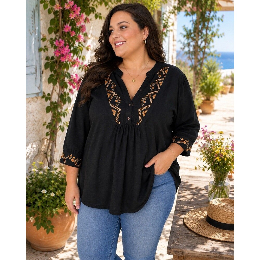 Knox Rose 2X Plus Black Fall Floral Cotton Boho Peasant Blouse Top 3/4 Sleeve